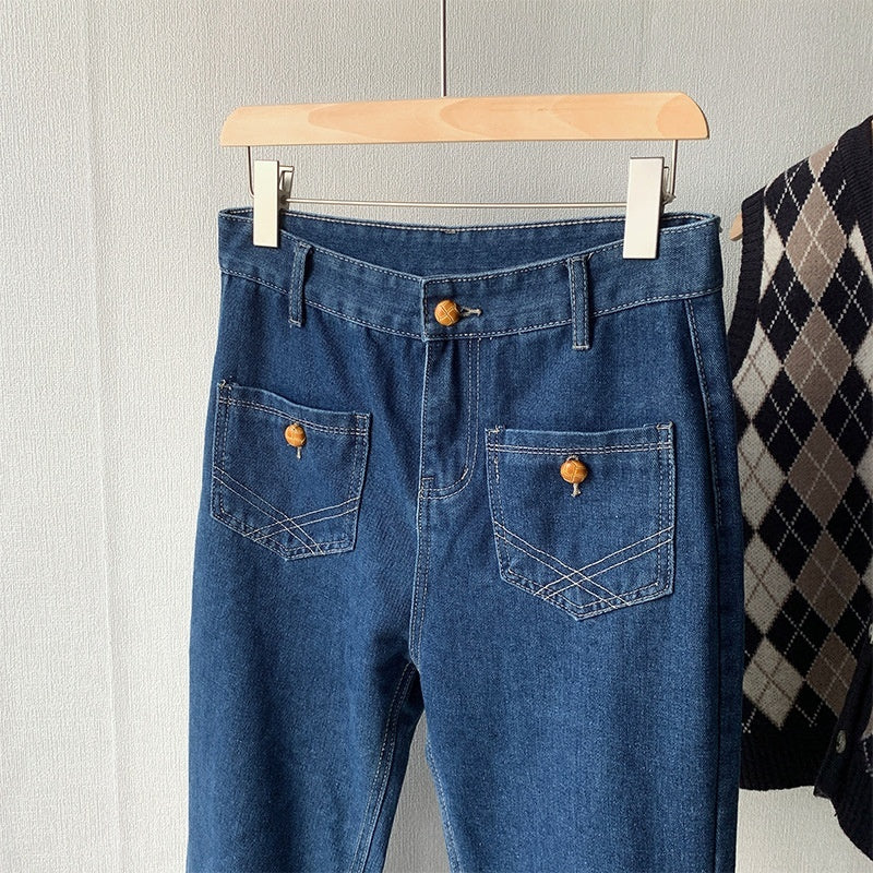 French Retro Blue High Waist Jeans Ladies New