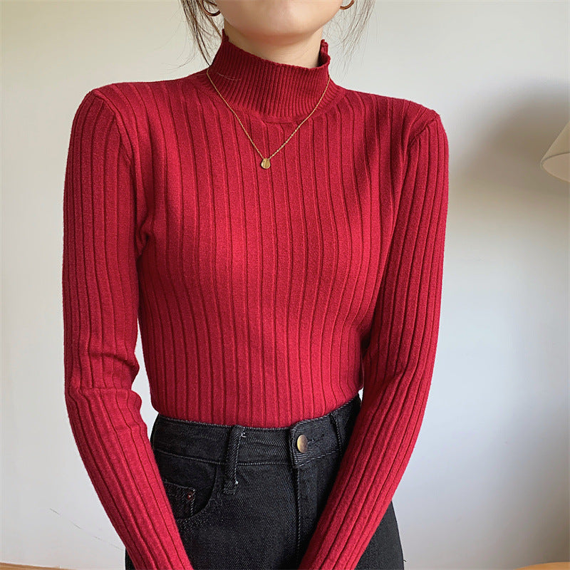 Half-high Collar Long Sleeves Knitted Bottoming Shirt Top For Women