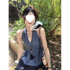 Retro Plaid V-neck Lace-up Halter Sleeveless Shirt