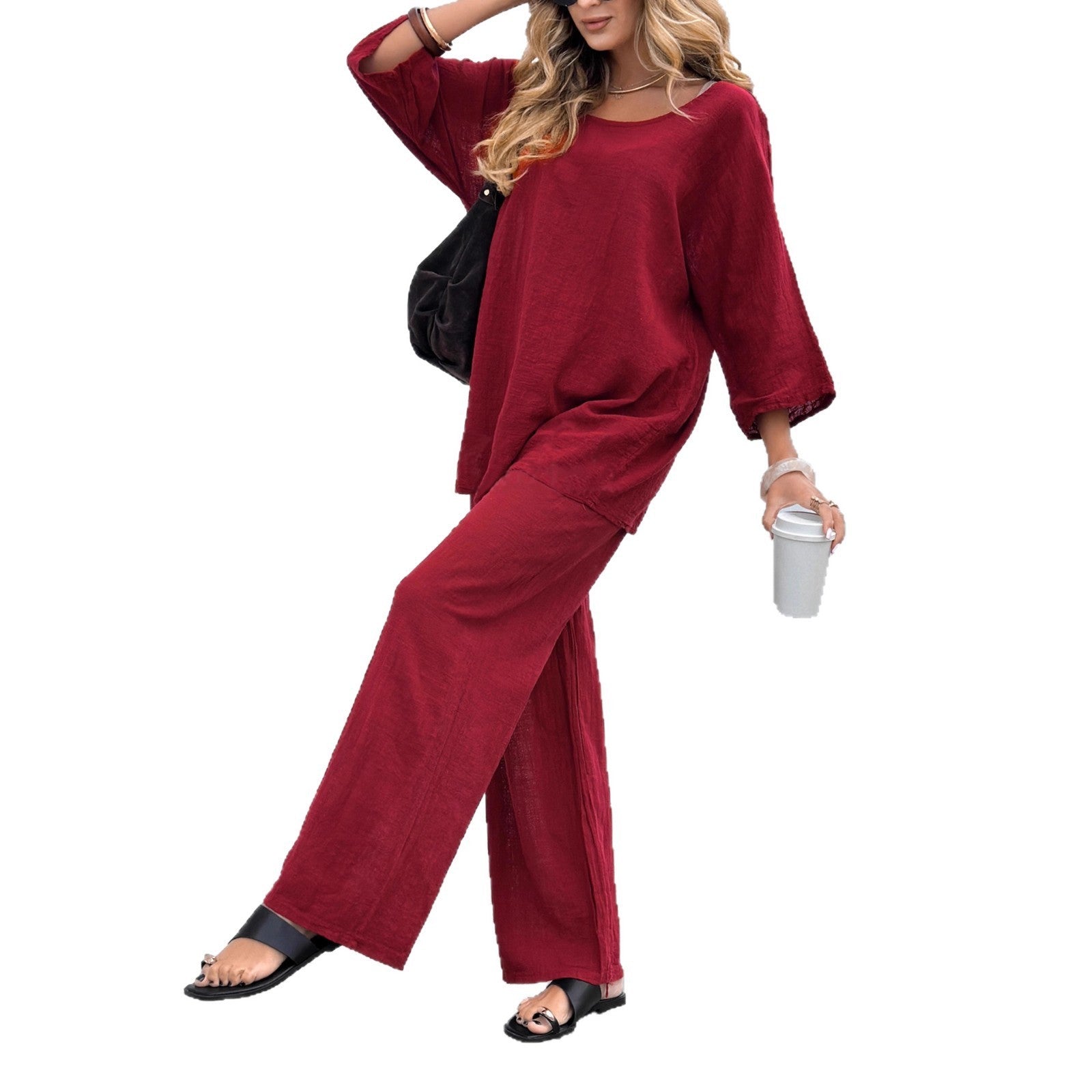 Round Neck Cotton And Linen Top Casual Lace Up Loose Pants Suit
